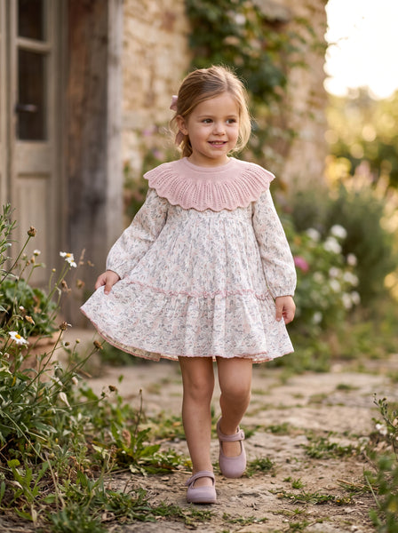 GIRLS FLORAL AND KNITTED COLLAR DRESS