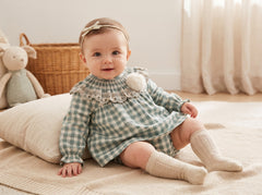 GIRLS PLAID WITH RUFFLE BEIGE COLLAR SHORT DRESS 2P SET ROMERO