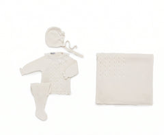 IVORY BABY CABLE KNIT BLANKET AND LACE COLLAR NEWBORN 4P SET