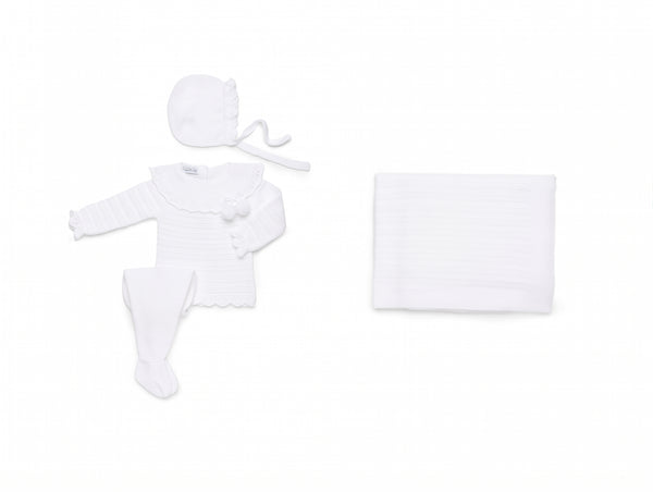 WHITE BABY LINES BLANKET AND NEWBORN 4P SET