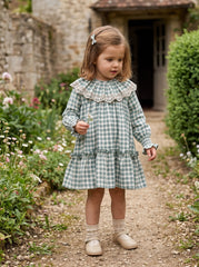 GIRLS PLAID WITH RUFFLE BEIGE COLLAR DRESS ROMERO