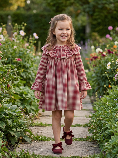 GIRLS BURGUNDY PLAID DRESS ROMA