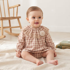 GIRLS PLAID WITH RUFFLE BEIGE COLLAR SHORT DRESS 2P SET ROMERO