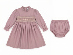 GIRLS LONG SLEEVE OLD PINK SMOCKED DRESS