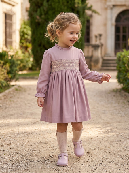 GIRLS LONG SLEEVE OLD PINK SMOCKED DRESS
