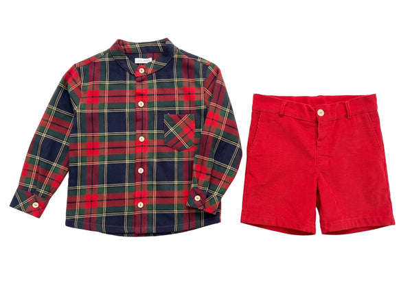 BOYS TARTAN PLAID SHIRT AND RED CORDUROY SHORT SET