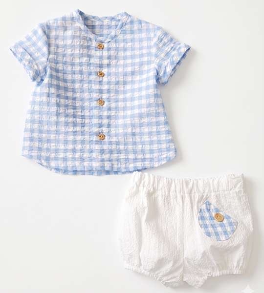 BOYS BLUE PLAID SHIRT AND SHORT 2P CATANZARO