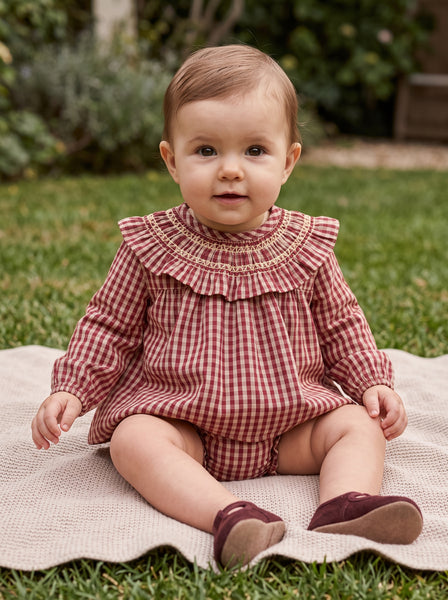 GIRLS BURGUNDY PLAID SHORT DRESS SET ROMA