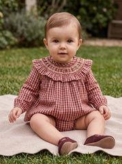 GIRLS BURGUNDY PLAID SHORT DRESS SET ROMA