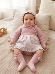GIRLS LITTLE FLOWERS KNIT DRESS WITH BLOOMER AND BONNET SET