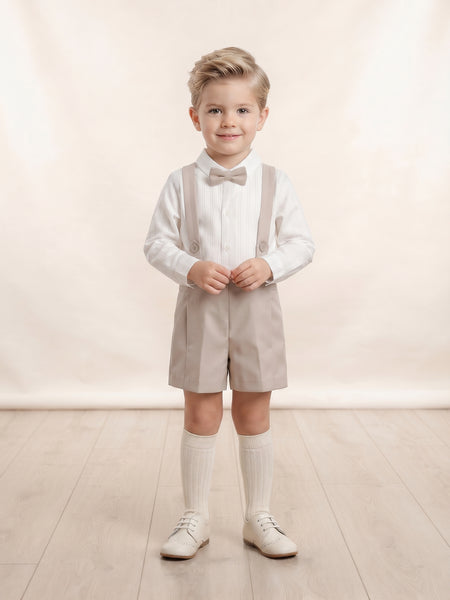 BOYS SUSPENDER SHORT AND BOW TIE IVORY SHIRT SET CANELA