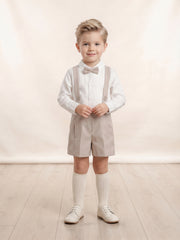 BOYS SUSPENDER SHORT AND BOW TIE IVORY SHIRT SET CANELA