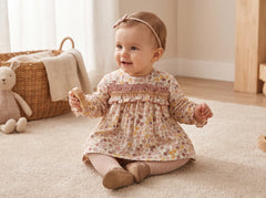GIRLS FLOWERS AND LEAVES SHORT DRESS SET CURRY