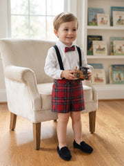 BOYS SUSPENDER TARTAN SHORT AND BOW TIE  SHIRT SET ALBAHACA