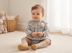 GIRLS PLAID WITH RUFFLE BEIGE COLLAR SHORT DRESS 2P SET ROMERO