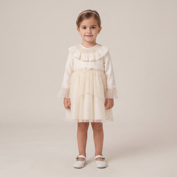 GIRLS SMOCKED RUFFLE COLLAR TULLE DRESS CANELA