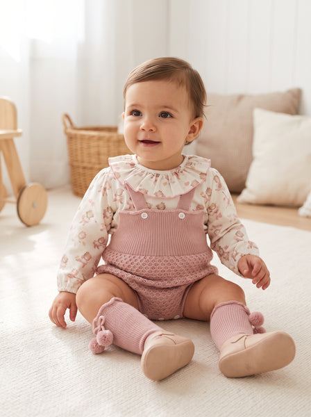 GIRLS BEAR DOLL BLOUSE AND KNIT ROMPER SET