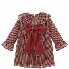 GIRLS BURGUNDY PLAID DRESS ROMA