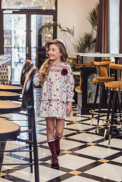 GIRL FLORAL AND BACK VELVET BOW DRESS GRETA