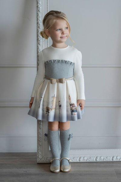 GIRL LOVE IN LONDON PRINT GRAY DRESS WITH BELT