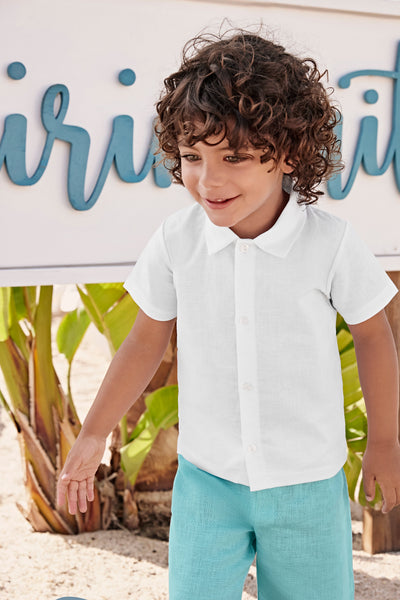 BOY TURQUOISE LINEN SHORT AND SHIRT 2P