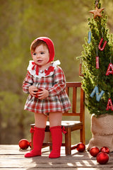 GIRLS PLAID SHORT DRESS WITH BONNET AND KNICKER