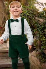 BOYS VELVET DUNGAREE AND SHIRT WITH BOW TIE SET