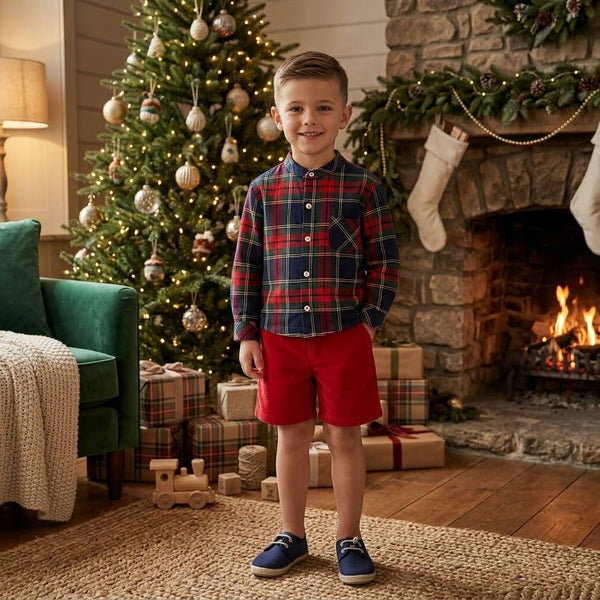 BOYS TARTAN PLAID SHIRT AND RED CORDUROY SHORT SET