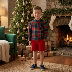 BOYS TARTAN PLAID SHIRT AND RED CORDUROY SHORT SET