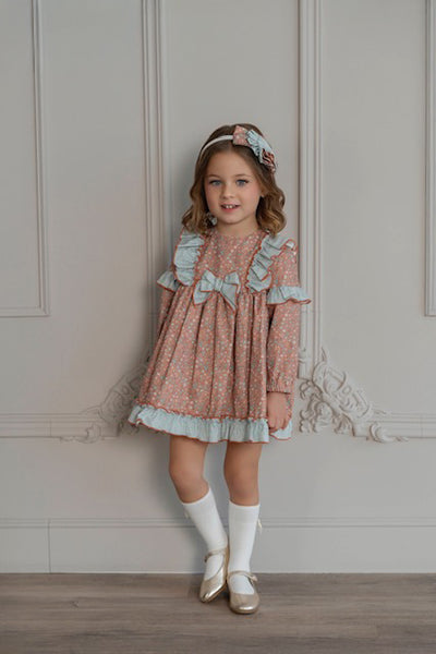 GREEN LITTLE FLOWERS PLAID RUFFLE  DRESS