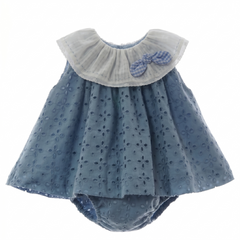 GIRLS EYELET WITH VICHY BOW DRESS WITH BLOOMER 2P MAEMUKI