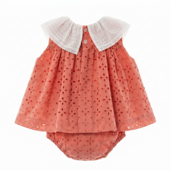 GIRLS EYELET WITH VICHY BOW DRESS WITH BLOOMER 2P MAEMUKI