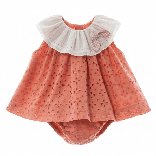 GIRLS EYELET WITH VICHY BOW DRESS WITH BLOOMER 2P MAEMUKI