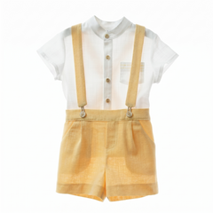 BOYS YELLOW SHORT WITH SUSPENDERS AND MAO COLLAR SHIRT 2P AIKIDO