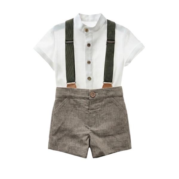 BOYS GRREN LEAF SHORT  AND SUSPENDERS WITH MAO COLLAR SHIRT 2P SAMURAI