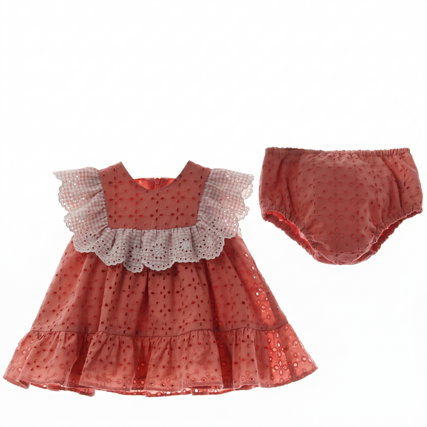 GIRLS EYELET VICHY RUFFLE DRESS WITH BLOOMER 2P MAEMUKI