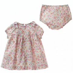 GIRLS PLAID BOWS FLORAL DRESS WITH BLOOMER 2P SAKURA