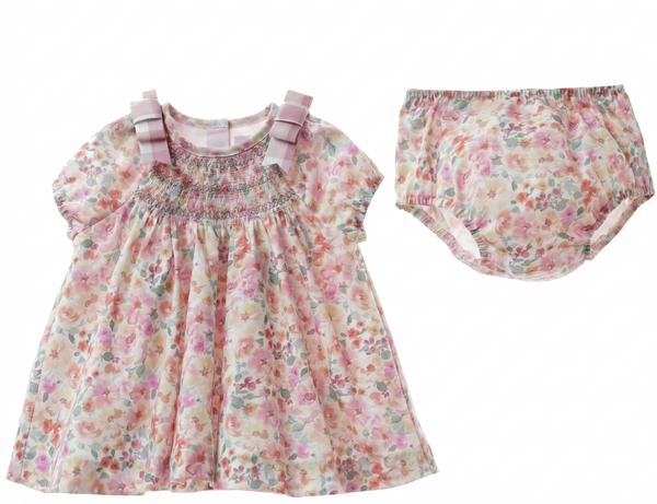 GIRLS PLAID BOWS FLORAL DRESS WITH BLOOMER 2P SAKURA