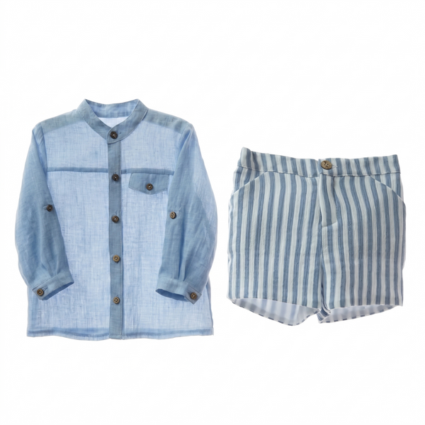 BOYS MAO COLLAR SHIRT AND BLUE STRIPED SHORT 2P NAGARE