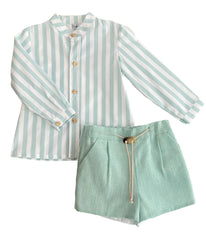 BOYS STRIPES MAO COLLAR SHIRT AND SHORT PANTS SET ZODIACO