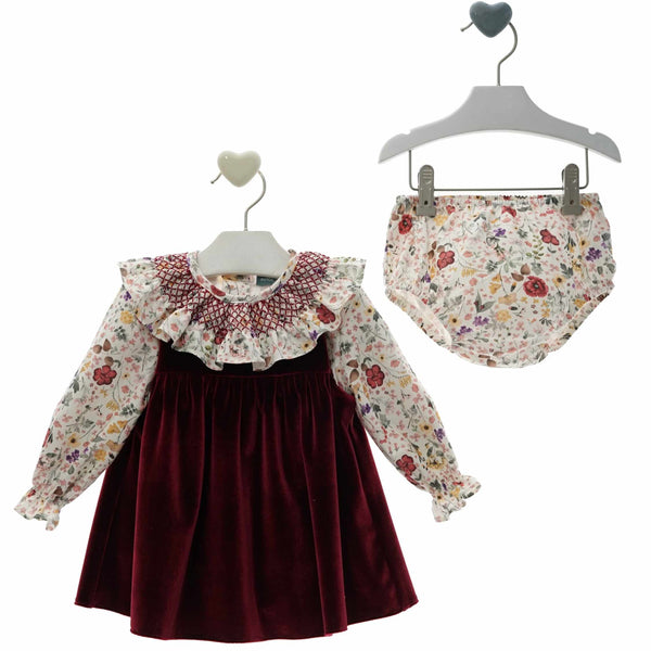 BABY GRANATE VELVET DRESS WITH FLORAL BLOUSE SET GRETA
