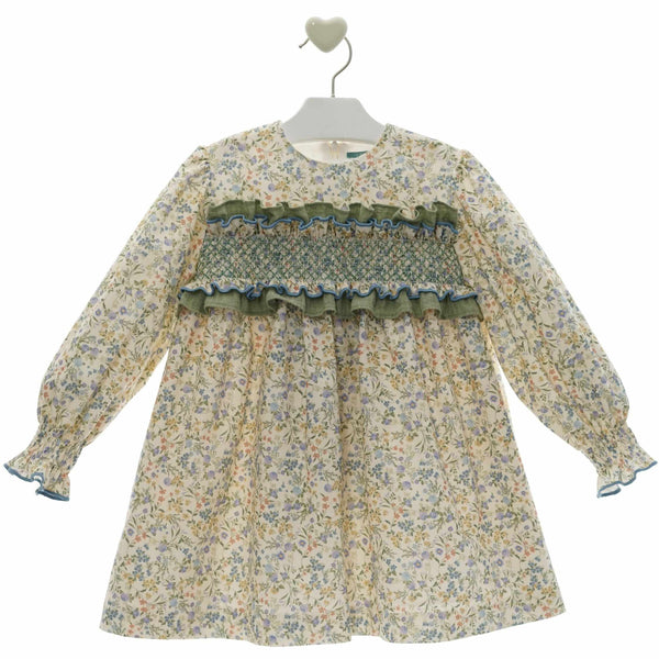 GIRL FLORAL GAUZE BOW AND RUFFLE DRESS LAUREN