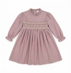GIRLS LONG SLEEVE OLD PINK SMOCKED DRESS