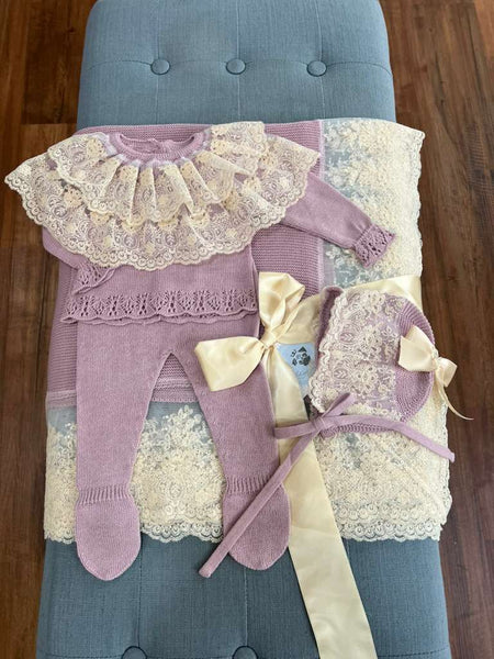 NEWBORN DOUBLE LACE COLLAR DUSTY PURPLE KNIT LUXURY 4P SET
