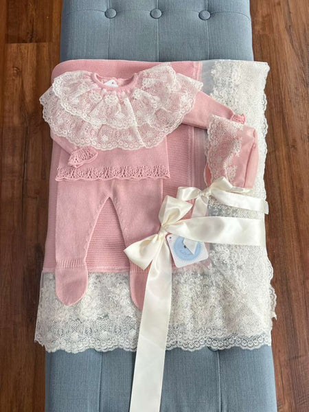 NEWBORN DOUBLE LACE COLLAR OLD PINK KNIT LUXURY 4P SET