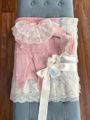 NEWBORN DOUBLE LACE COLLAR OLD PINK KNIT LUXURY 4P SET