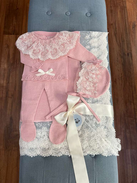 NEWBORN LACE COLLAR AND LITTLE BOW KNIT LUXURY 4P SET