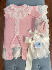 NEWBORN LACE COLLAR KNIT LUXURY ROMPER 3P SET