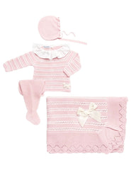 BABY WHITE LINES BLANKET AND RUFFLE COLLAR NEWBORN 4P SET