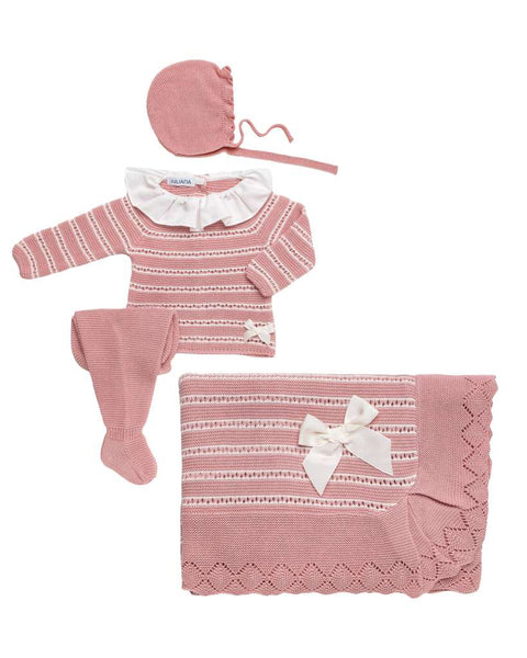 BABY WHITE LINES BLANKET AND RUFFLE COLLAR NEWBORN 4P SET